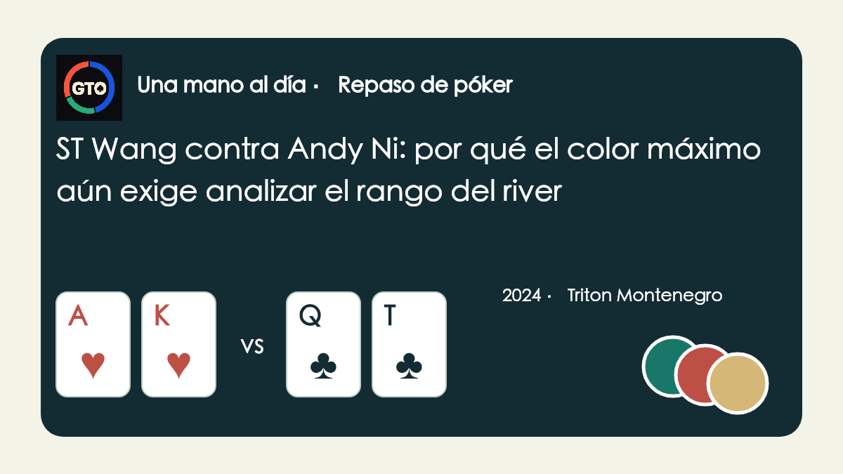 Ilustración original con icono de la app y fichas: ST Wang A de corazones K de corazones contra Andy Ni Q de tréboles T de tréboles