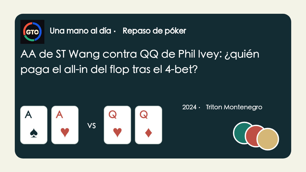 Ilustración original con icono de la App y fichas: A♠A♥ de ST Wang contra Q♥Q♦ de Phil Ivey