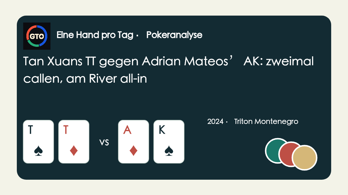 Originalgrafik zu Tan Xuans T♠T♦ gegen Adrian Mateos’ A♦K♠ mit App-Icon und Pokerchips