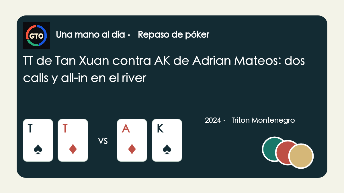 Diagrama original de T♠T♦ de Tan Xuan contra A♦K♠ de Adrian Mateos, con icono de la App y fichas