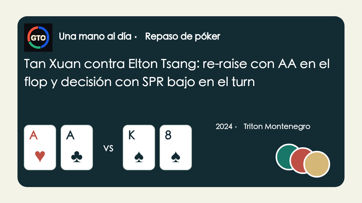 Ilustración original con icono de la app y fichas: Tan Xuan A de corazones A de tréboles contra Elton Tsang K de picas 8 de picas